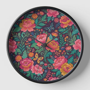 Abstract Mexican Peonies Butterflies Art Clocks