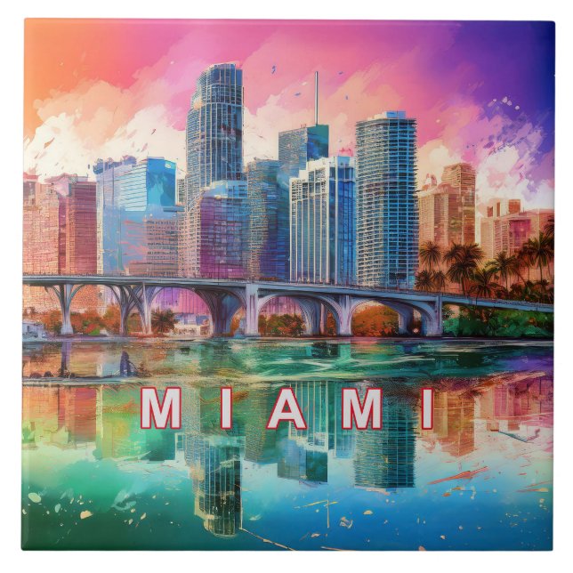 Abstract Miami Skyline Art Modern  Tile (Front)