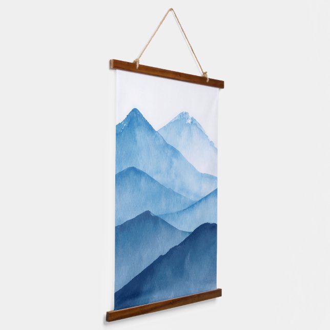 Abstract minimalistic watercolor blue mountains hanging tapestry (Angled)