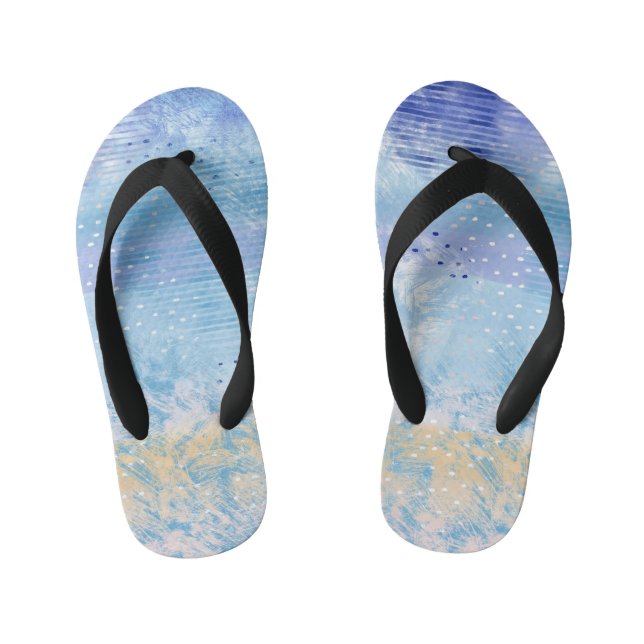 Abstract Mixed Media Blue Turquoise Yellow Kid's Flip Flops (Footbed)