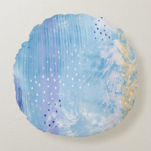 Abstract Mixed Media Blue Turquoise Yellow Round Pillow