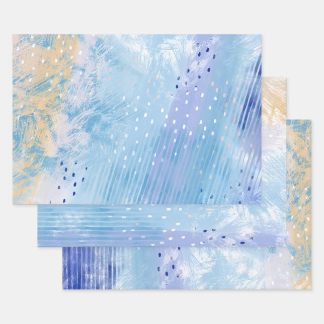 Abstract Mixed Media Blue Turquoise Yellow Wrapping Paper Sheet (Set)