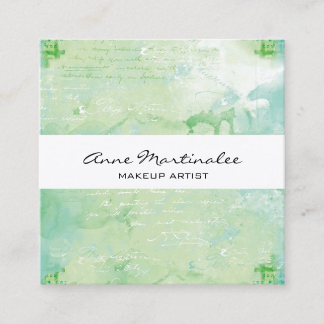 Abstract Mixed Media Green Blue Square Business Card (Front)