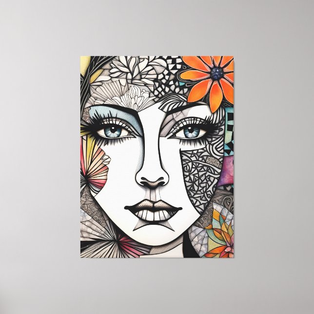 Abstract Mixed Media Womans Face Canvas Print (Front)