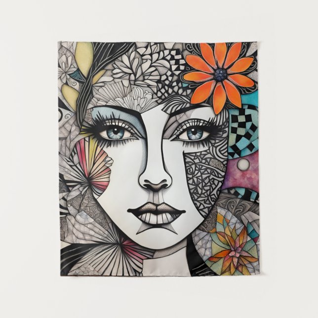 Abstract Mixed Media Womans Face Tapestry (Front)