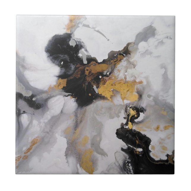 Abstract Modern Art Grey, White, Black and Gold Tile (Front)