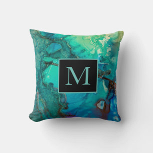Abstract Modern Art Monogram  Shadows of Blue Throw Pillow