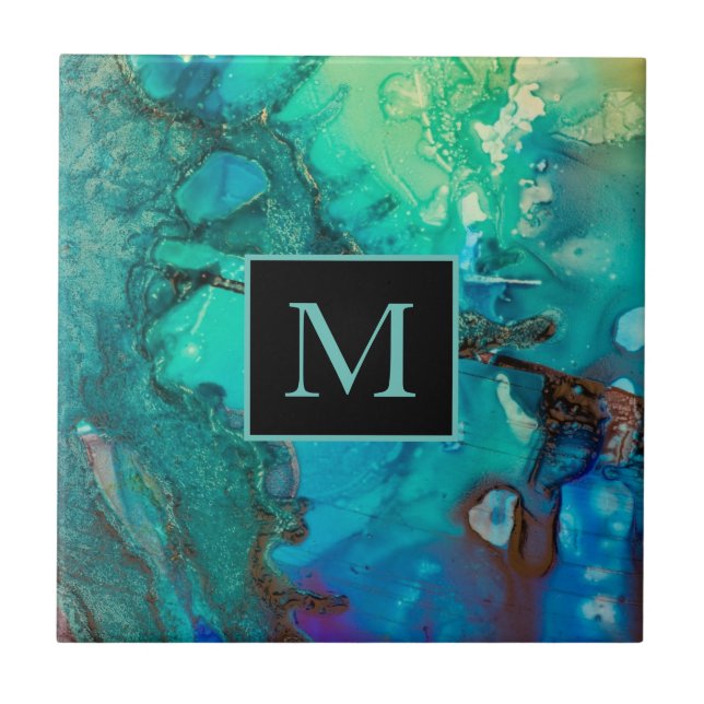 Abstract Modern Art Monogram  Shadows of Blue Tile (Front)