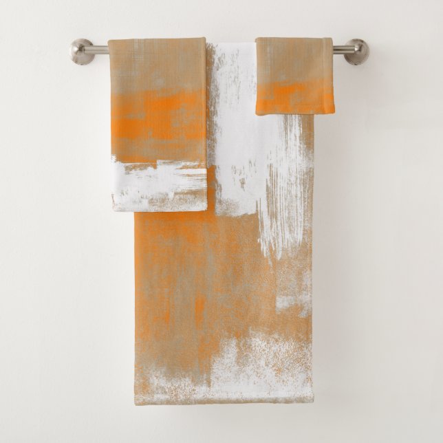 Abstract modern art style orange gray white bath towel set (Insitu)