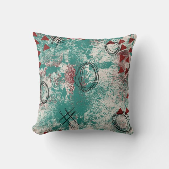 Abstract Modern Art Throw Pillow Teal Burgundy Red (Front)