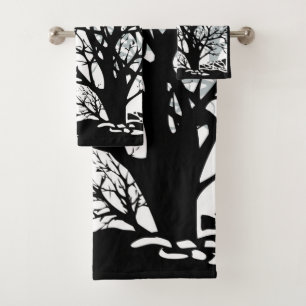 Abstract modern black tree silhouette shadow white bath towel set