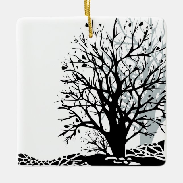 Abstract modern black tree silhouette shadow white ceramic ornament (Front)