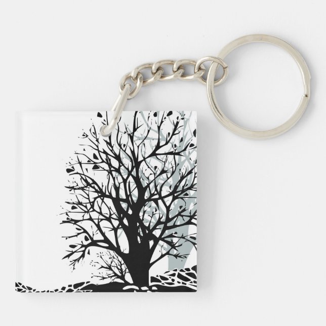 Abstract modern black tree silhouette shadow white keychain (Back)