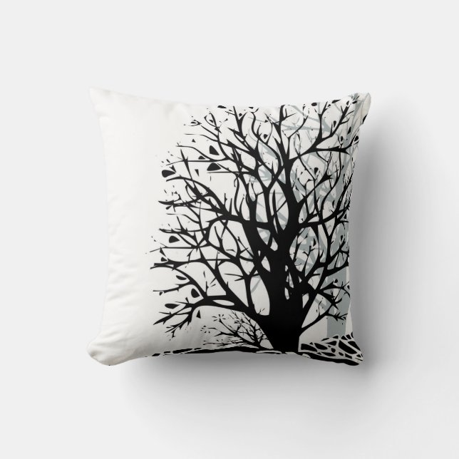 Abstract modern black tree silhouette shadow white throw pillow (Front)