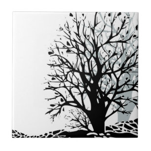 Abstract modern black tree silhouette shadow white tile