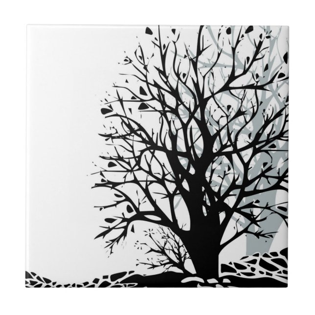 Abstract modern black tree silhouette shadow white tile (Front)