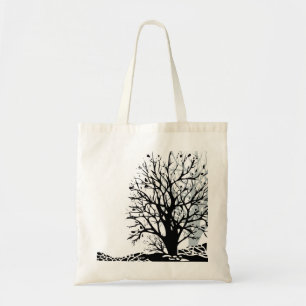 Abstract modern black tree silhouette shadow white tote bag