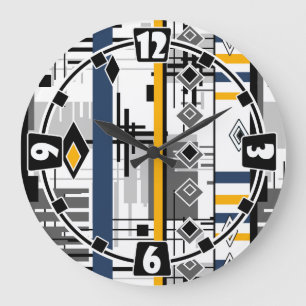 Abstract modern black white yellow ornament geo large clock