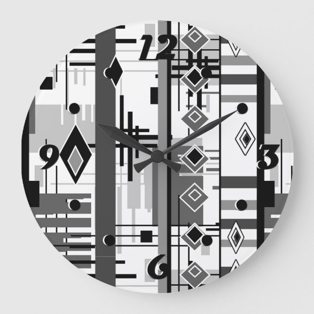 Abstract modern black white yellow ornament geo large clock (Front)