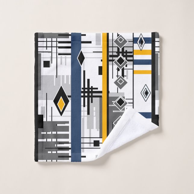 Abstract modern black white yellow ornament geomet bath towel set (Wash Cloth)