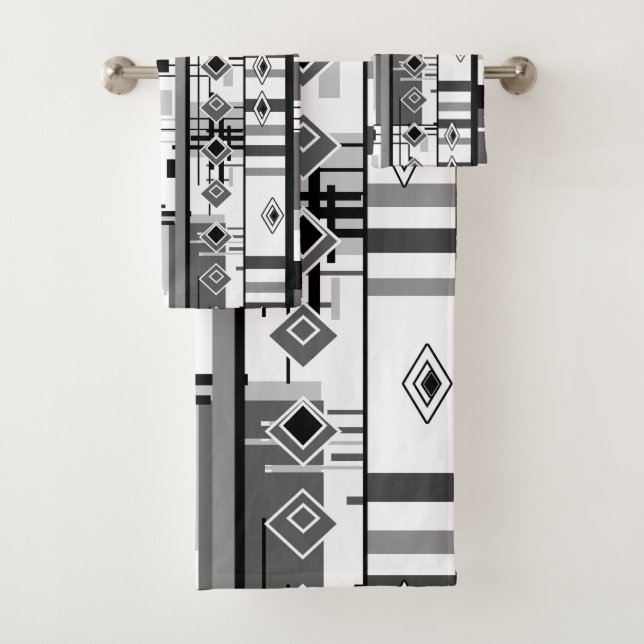 Abstract modern black white yellow ornament geomet bath towel set (Insitu)
