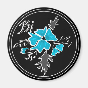 Abstract modern blue flower grey black leaves prin magnet