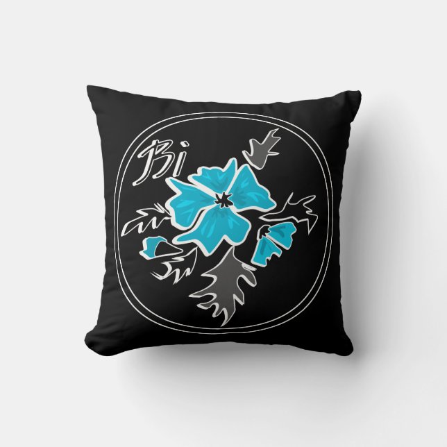 Abstract modern blue flower grey black leaves prin throw pillow (Front)