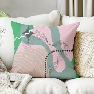 Abstract Modern Boho Lines And Dots Green Throw Pillow