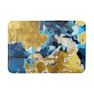Abstract, modern, collage, gold, navy blue bath mat