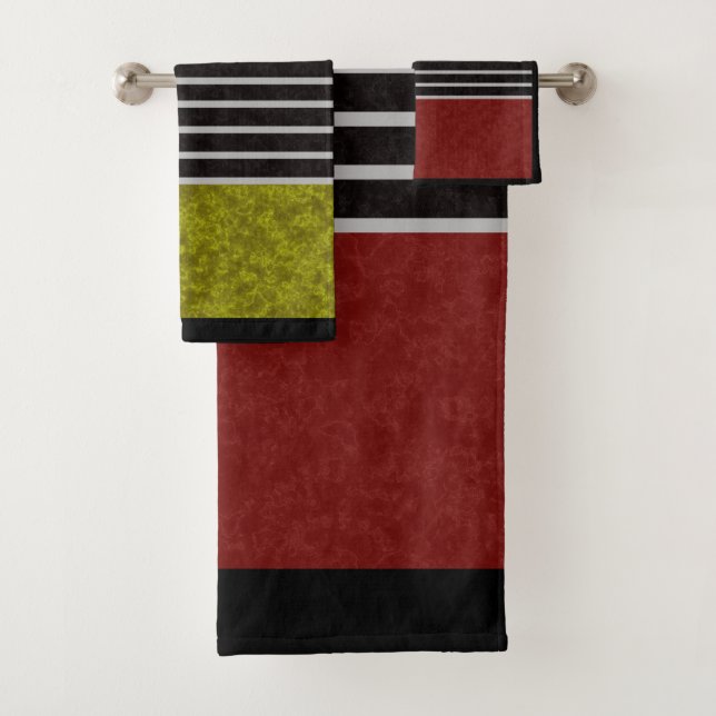 Abstract modern colours red green white black stri bath towel set (Insitu)