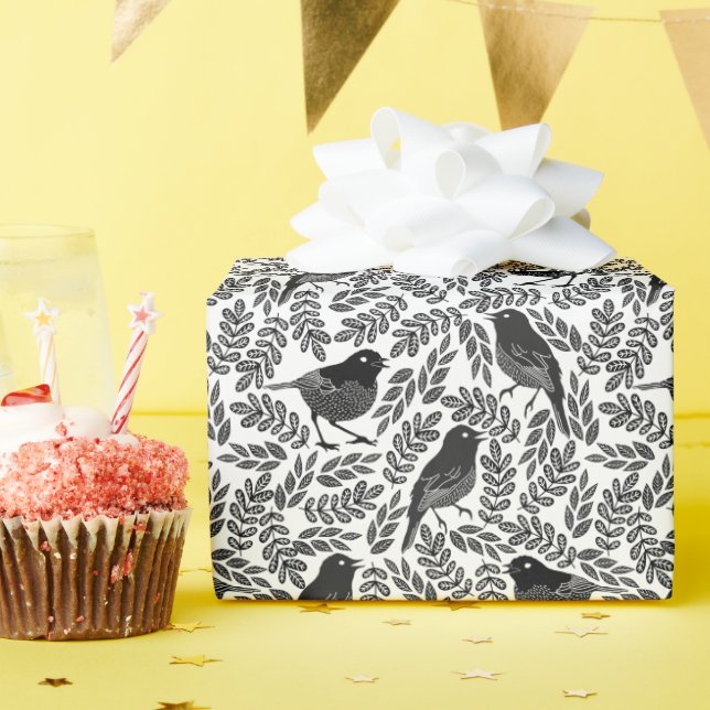 Abstract Modern Cute Black Birds and Leaves Wrapping Paper (Birthday Party)