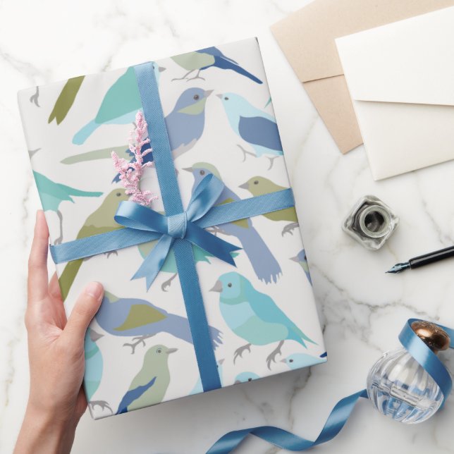 Abstract Modern Cute Blue and Green Birds  Wrappin Wrapping Paper (Gifting)