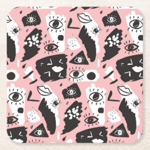 Abstract Modern Eye & Lips Pattern Square Paper Coaster
