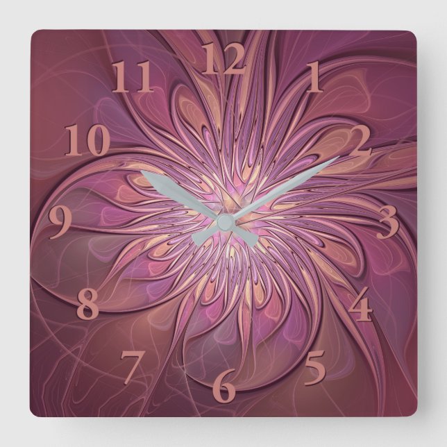 Abstract Modern Floral Fractal Art Berry Colors Square Wall Clock (Front)