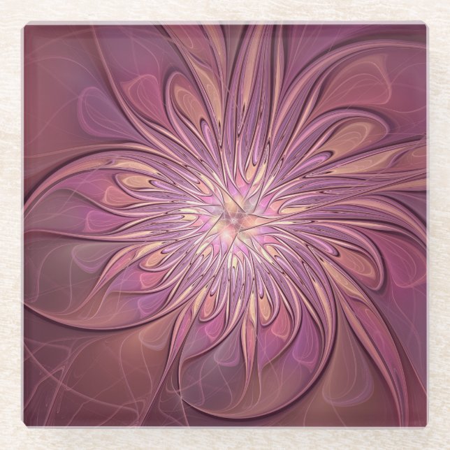 Abstract Modern Floral Fractal Art Berry Colours Glass Coaster (Front)