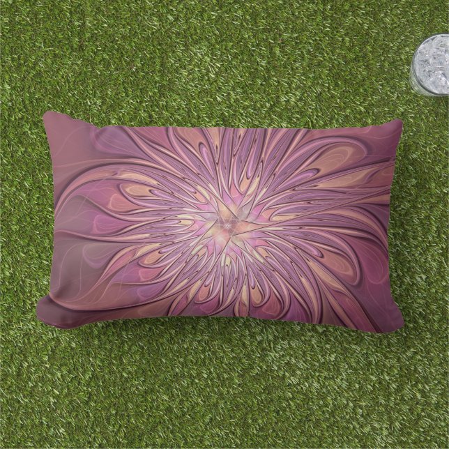 Abstract Modern Floral Fractal Art Berry Colours Lumbar Pillow (Grass)