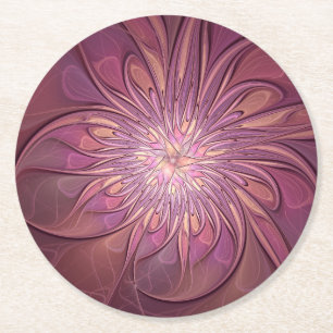 Abstract Modern Floral Fractal Art Berry Colours Round Paper Coaster