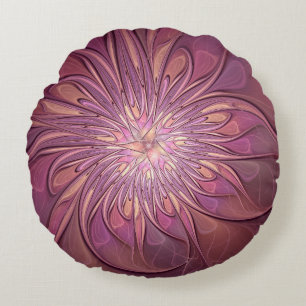 Abstract Modern Floral Fractal Art Berry Colours Round Pillow