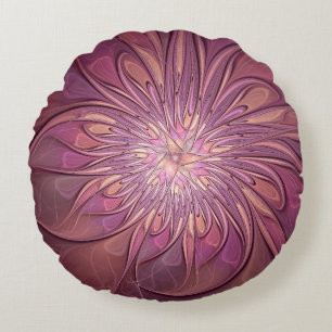 Abstract Modern Floral Fractal Art Berry Colours Round Pillow