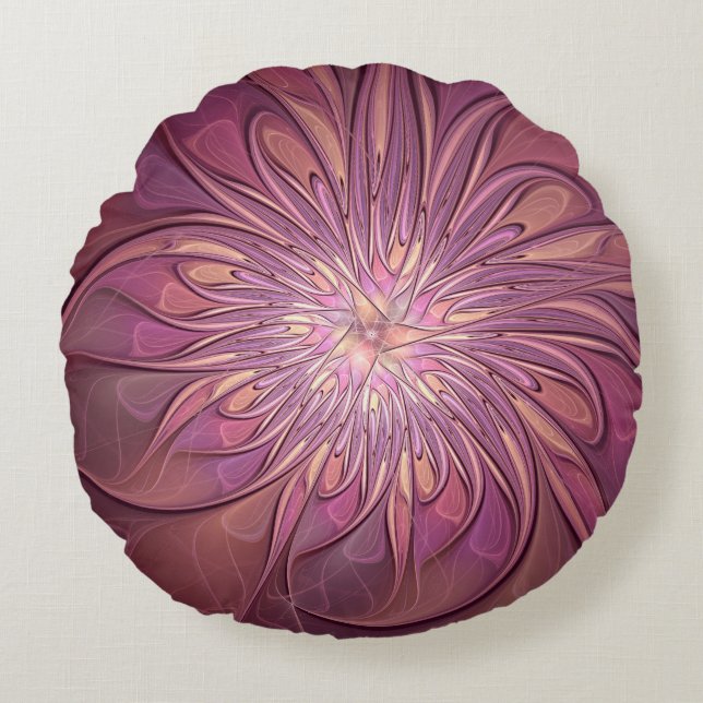 Abstract Modern Floral Fractal Art Berry Colours Round Pillow (Front)