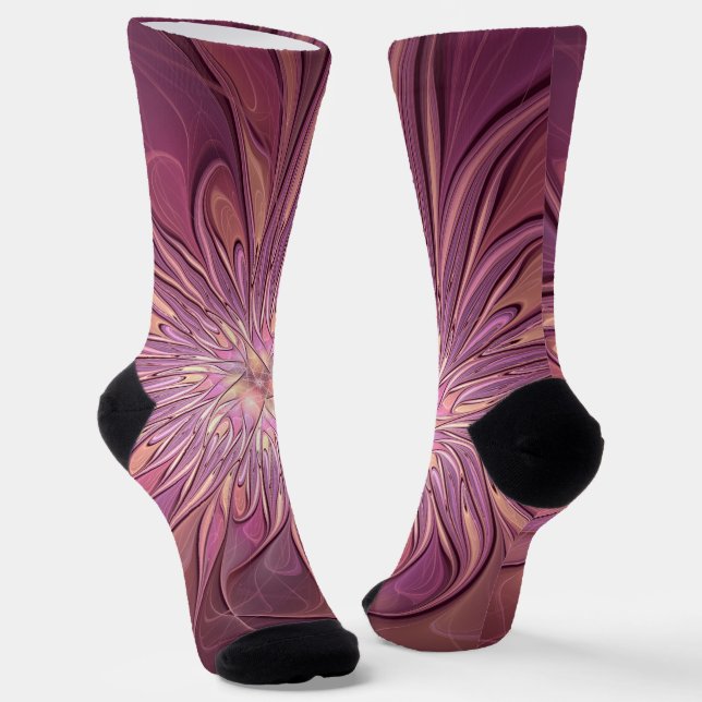 Abstract Modern Floral Fractal Art Berry Colours Socks (Angled)
