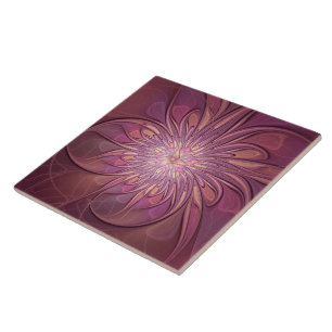 Abstract Modern Floral Fractal Art Berry Colours Tile