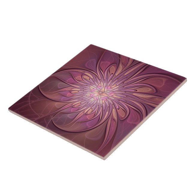 Abstract Modern Floral Fractal Art Berry Colours Tile (Side)