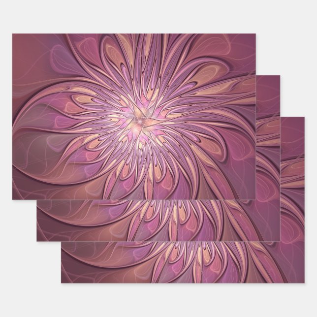 Abstract Modern Floral Fractal Art Berry Colours Wrapping Paper Sheet (Set)
