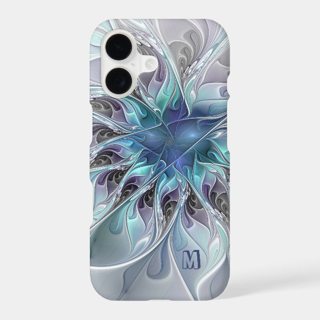Abstract Modern Fractal Flower With Blue Monogram (Back)