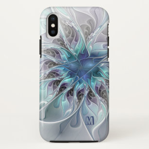Abstract Modern Fractal Flower With Blue Monogram Case-Mate iPhone Case