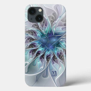 Abstract Modern Fractal Flower With Blue Monogram iPhone 13 Case