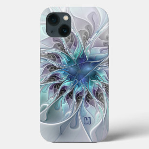 Abstract Modern Fractal Flower With Blue Monogram iPhone 13 Case