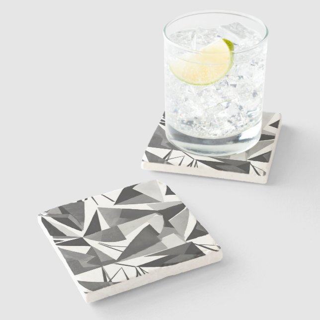 Abstract Modern Geometric Black & White Watercolor Stone Coaster (Side)