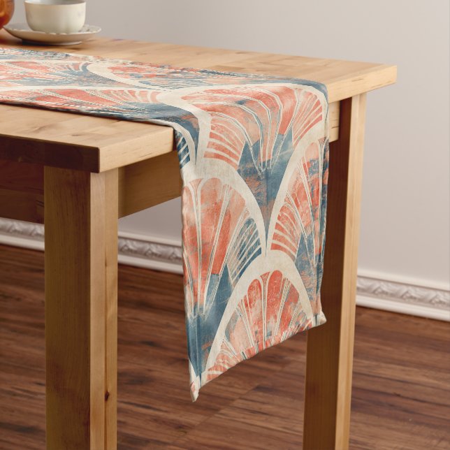 abstract modern geometric Coral and Blue Short Table Runner (In Situ)